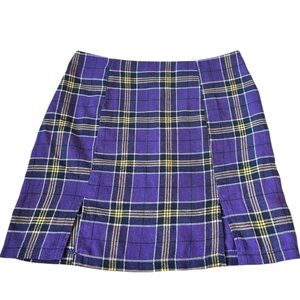 ROMWE Purple White & Yellow Plaid Mini Skirt with Slits Zip-up 90s Y2K Style